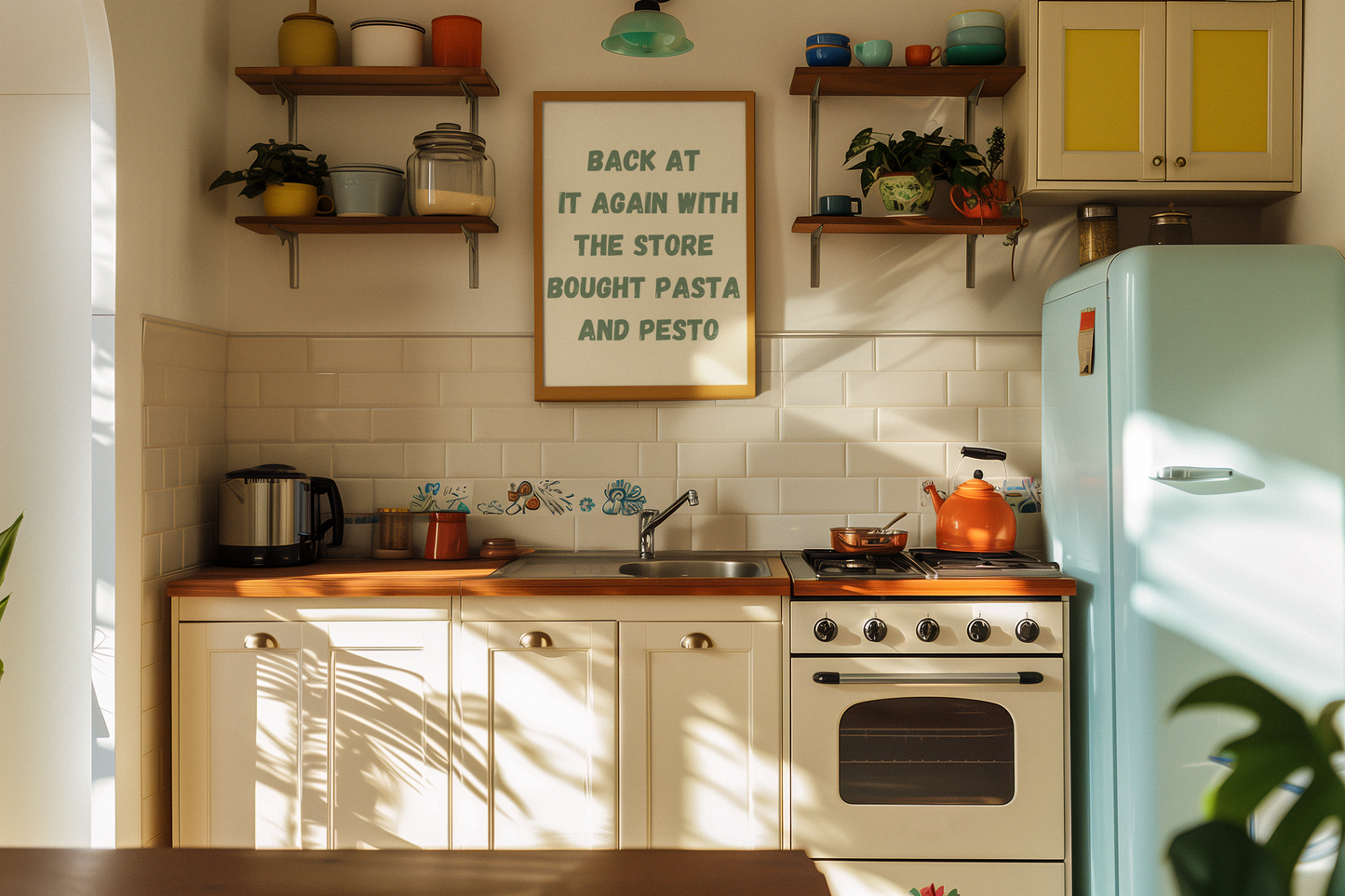 Back At It Again With The Store Bough Pasta And Pesto | Wooden Framed Poster