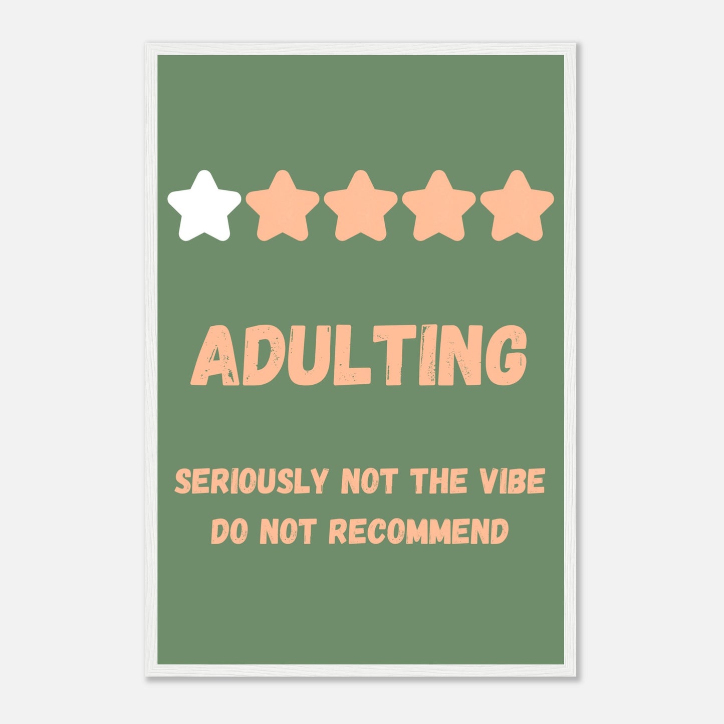 Green and pink poster featuring one out of five stars image with the text underneath reading Adulting, seriously not the vibe do not recommend. 